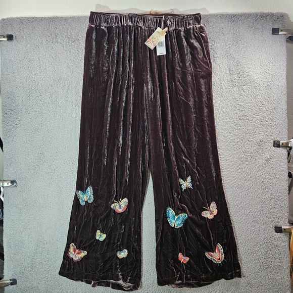 $365 NEW Johnny Was Velvet‎ Wide Leg Pant XXL Butterfly Embroidered Brown - Picture 5 of 16